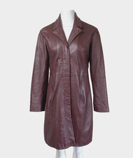 Vintage Leather Coat Jacket Womens UK10-12 Burgundy Blazer Duster Academia