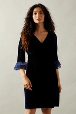 Wallis Womens Shift Navy Velvet V-Neck Short 3/4 Sleeve Party/Cocktail