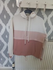 LADIES ZARA 1/2 ZIP COLOUR BLOCK HOODIE - PINK/CREAM - SIZE M