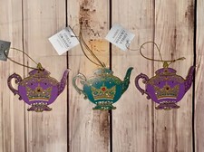 Set of 3 GISELA GRAHAM Teapots Wooden Hanging Christmas Tree Decorations Jewel