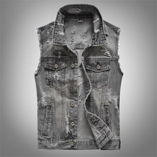 Ripped Sleeveless Jeans Jacket Vest Biker Retro Mens Grey Denim Waistcoat Gilet