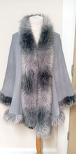 Frank Usher  Cape  Poncho Faux Fur Trim  Silver Grey  One Size Ladies Womens