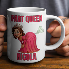 Personalised Funny Mug – Fart Queen Custom Name Novelty Gift for Her Big Coffee
