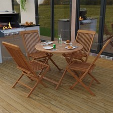 Teak 4 Seat Outdoor Dining Set - Round Table & Folding Chairs, Minimal Assembly