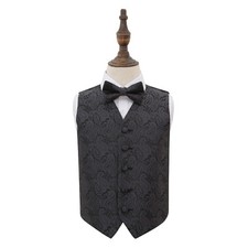 DQT Woven Floral Paisley Charcoal Grey Boys Wedding Waistcoat & Bow Tie Set