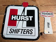 2 x ENAMEL ADVERTISING SIGNS Texaco + Hurst Shifters -  Metal Car Garage Driving