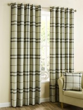 Natural Beige Tartan Check Eyelet Lined Curtain Pair 228x137cm Ready Made