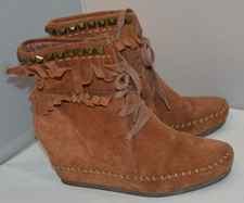 ASH women's Suede fringe Side Zip Mid-calf Brown Boots 3" wedge heels Sz 37 UK 4