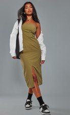 PLT Dress Size 8 New Khaki Fit Flare Sleeveless Strap Midi Casual Stylish Modern