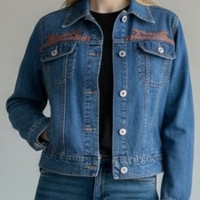 Vintage Western Rodeo Isabel USA Saddle Leather Trim Blue Jean Jacket SZ M