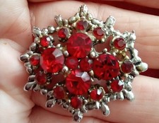 Vintage Jewellery  Silver  Tone Fancy Oval Red Stone Brooch