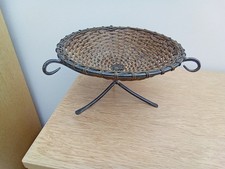 Vintage Wicker Fruit Basket On 3 Legs Metal Stand 30cm Diameter Top x 17cm Tall