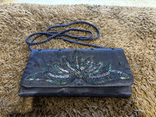 Vintage Navy Blue Satin Beaded