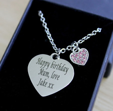 Engraved Necklace Pendant Pink Rhinestone Heart Womens Girls Personalised Gifts