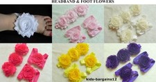 Baby Girl Crib Pram Shoes Sandals Flowers Baby Feet + 3 Flower Hair Headband 