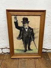 A Naive Charcoal Hand Sketched Portrait Of Winston Churchill- Signed