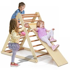 Wooden Foldable Triangle Climber Step Toddler Training Ladder W/Ramp Natural