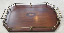 Antique Edwardian inlaid serving drinks tray, gallery brass handles, shell inlay