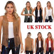 Womens Western Suede Leather Tassel Sleeveless Vest Jacket Gothic Waistcoat Coat
