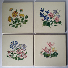 SET OF FOUR RETRO MID CENTURY PILKINGTON FLOWER DESIGN CERAMIC TILES 6" SQ