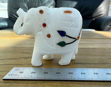 White Marble Good Luck Elephant Inlaid Semi Precious Stone Handmade INDIA 