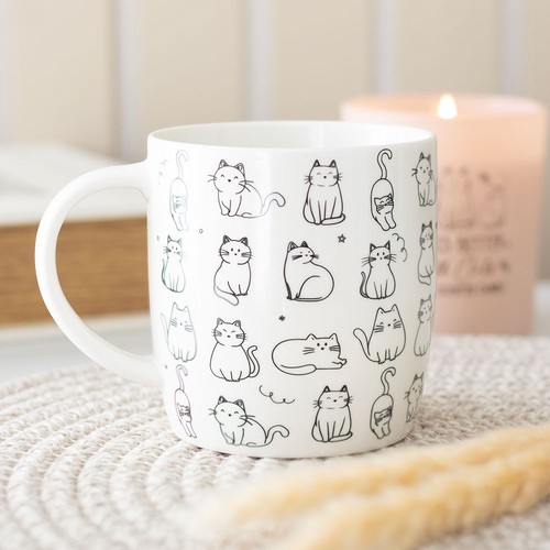 White happy cat - white, print