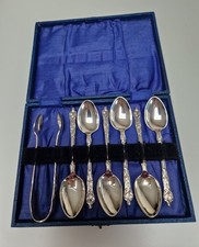 Vintage EPNS Silver Plated Teaspoon Set Sugar Tongs in Blue Presentation Box