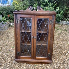 Vintage Old Charm Oak Leaded Glass Corner Display Cabinet Cupboard Bookcase Unit