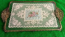Vintage Filigree Brass & Petit Point Lace Glass  Dressing Table Vanity Tray