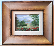 MARY SHAW Framed Original Miniature Oil Painting Poppies and Church