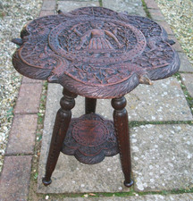 ANTIQUE  INDIAN /BURMESE  2 TIERED   TRIPOD  CARVED SIDE TABLE  19 c