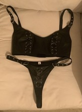 Genuine Real Leather Bra & Thong Set Size M Laced Lingerie Underwear Black BDSM