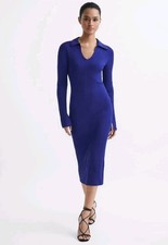 Reiss Ronnie Collared Knitted Bodycon Midi Dress, Blue - Size L