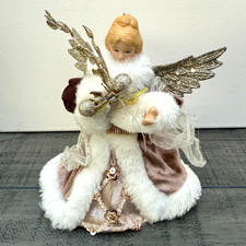 Vintage Christmas Angel Tree Topper Gold Wings Pink Gown Fur Trim Festive Decor