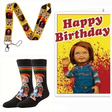 Child's Play Chucky Doll Horror Gifts: Adult Socks, Mini Birthday Card & Lanyard