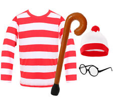 RED & WHITE STRIPED T-SHIRT CHILDS COSTUME BOOK DAY HAT GLASSES WALKING STICK 