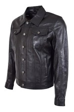 Mens Soft Leather Trucker Jacket Black American Western Denim Levi Style Coat