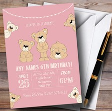 Cute Teddy Bears Pink Childrens Birthday Party Invitations