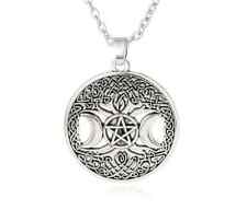 Pentagram Triple Moon Necklace Wiccan Pendant Silver Pentacle Long Necklace