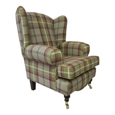 Queen Anne Wing Back Arm Chair with T-Cushion - Balmoral Heather Tartan Fabric