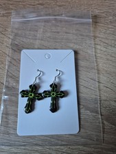 Sterling Silver Polymer Clay Green Gorhic Cross Handmade Drop Earrings New Xmas
