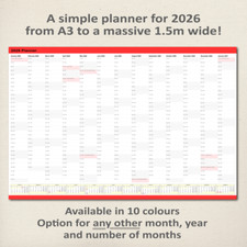 2026 Simple Wall Planner Calendar - 5 sizes and 10 colours, ship folded/rolled