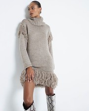 Brand New River Island Brown Long Sleeve Fringed Jumper Dress £55 Size 6-18