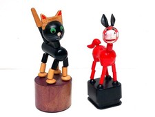 Vintage Wooden and Plastic Push Button Toys - Cat and and Donkey x 2