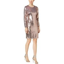 CALVIN KLEIN - Rose Gold Pink Sequin Sheath Long Sleeve Flapper Cocktail Dress 2