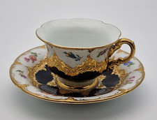 SMALL COBALT BLUE MEISSEN B FORM GILDED FLORAL CUP & SAUCER - PERFECT