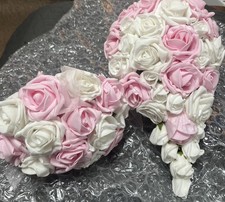 2x Wedding Bouquets Pink /white foam flowers - Bride teardrop & Bridesmaid Wand 