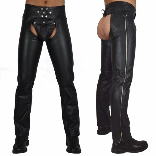 Mens real black leather - mens, chap