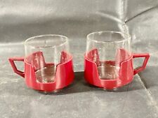 VINTAGE PAIR OF  1960S 1970S PYREX JAJ DRINK UP CUPS BURGUNDY GLASS MUG