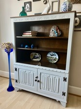 Unique Jaycee Oak Display Cabinet, Carved Details Bookcase Cabinet Storage Unit 